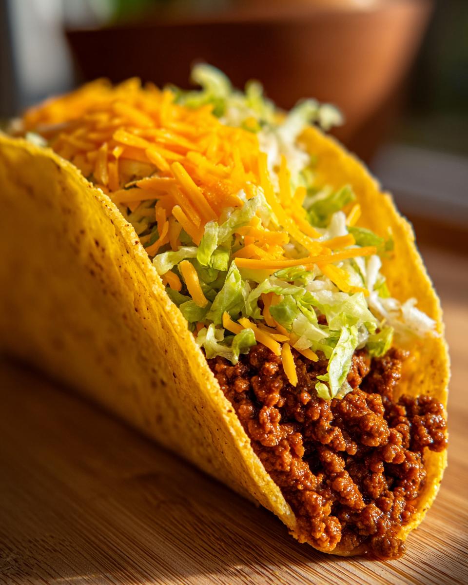 A close-up of a classic ground beef taco, filled with seasoned ground beef, shredded lettuce, and cheddar cheese.