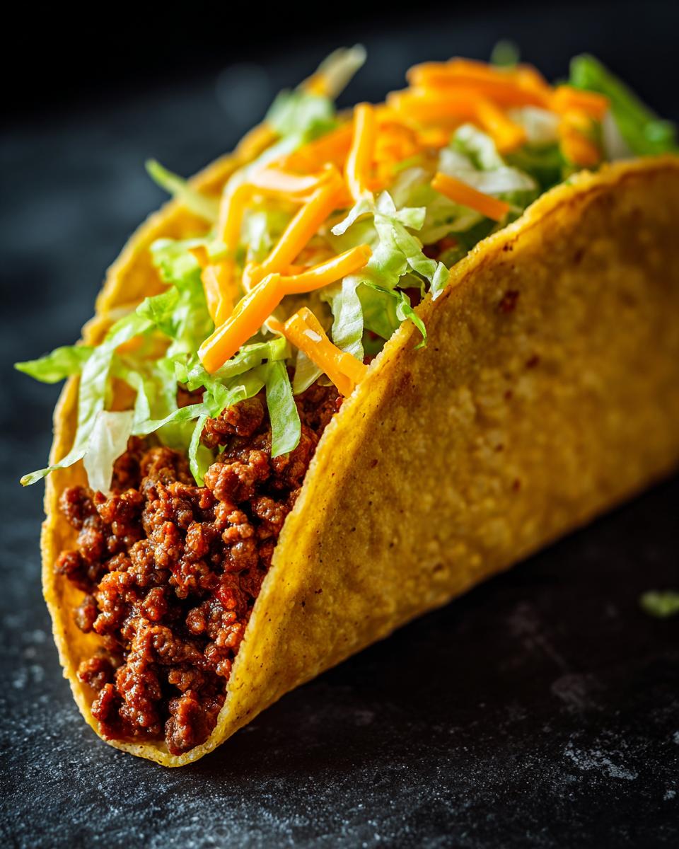 A close-up of a perfectly prepared Ground Beef Taco, filled with seasoned ground beef, shredded lettuce, and cheese.