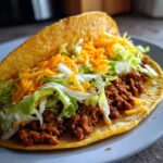 Close-up of a delicious ground beef taco filled with seasoned ground beef, shredded lettuce, and shredded cheese.