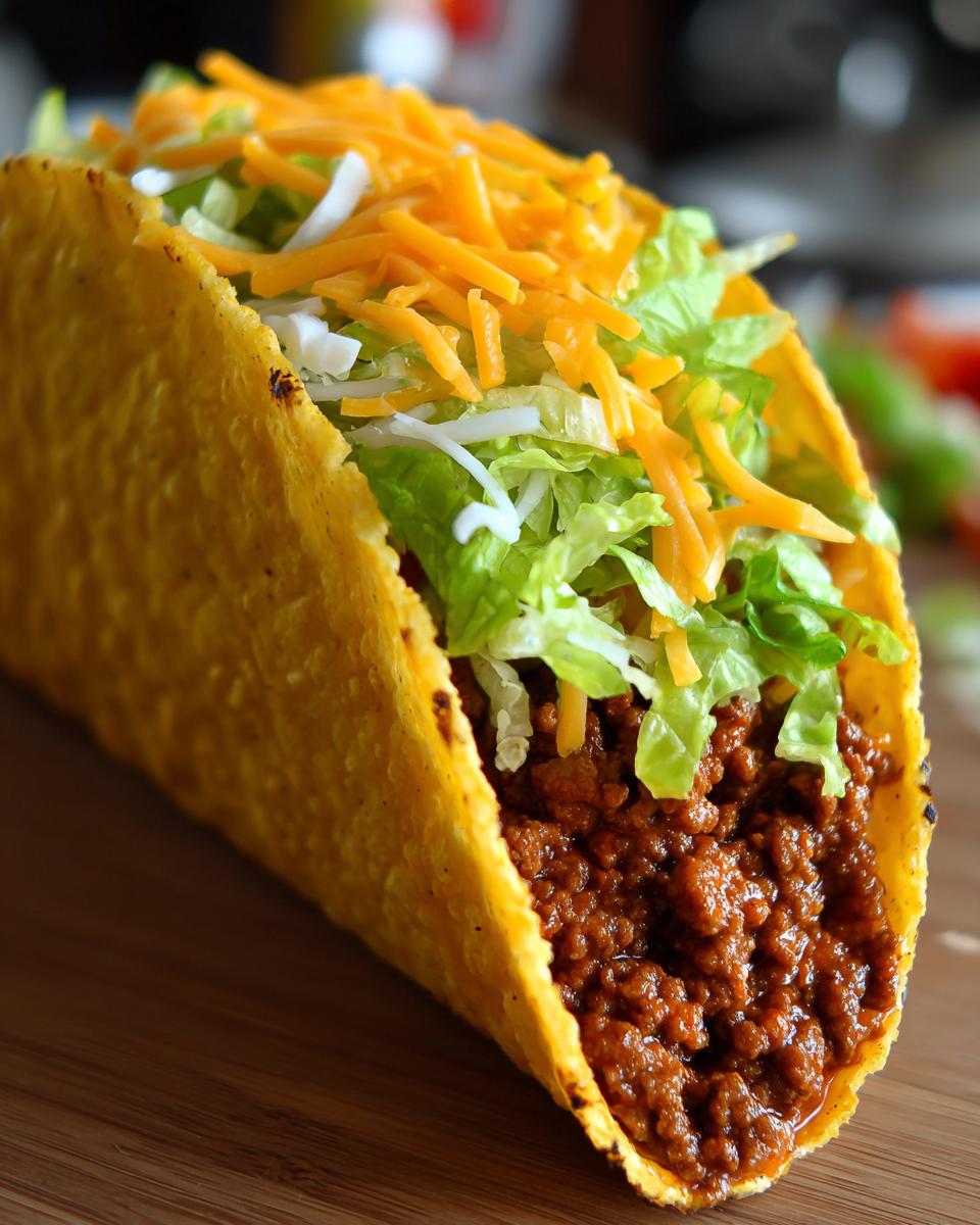 A close-up of a crispy ground beef taco filled with seasoned ground beef, shredded lettuce, and cheddar cheese.