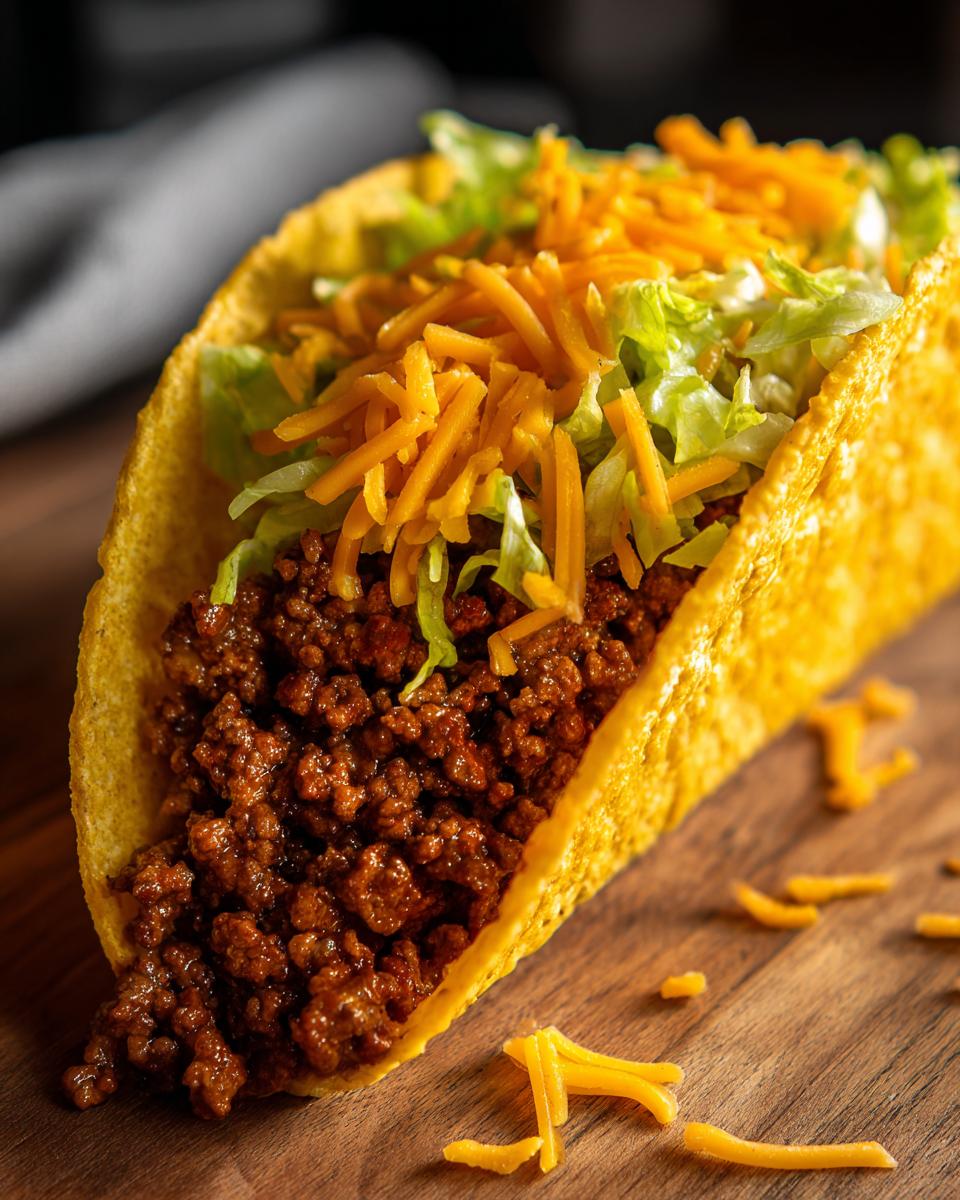 A close-up of a crunchy ground beef taco filled with seasoned ground beef, shredded lettuce, and cheddar cheese.