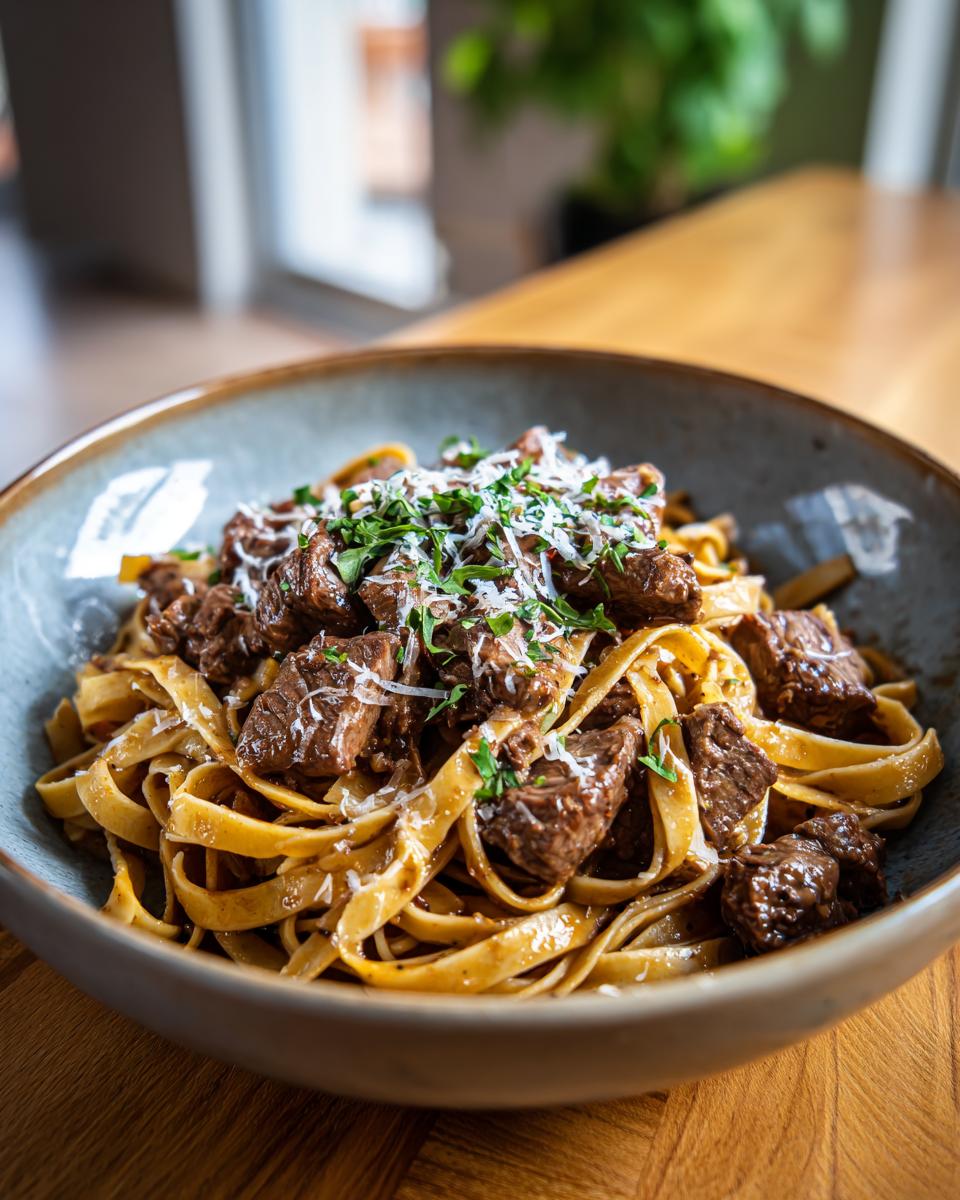 A bowl of High Protein Creamy Beef Pasta topped with shredded cheese and parsley.