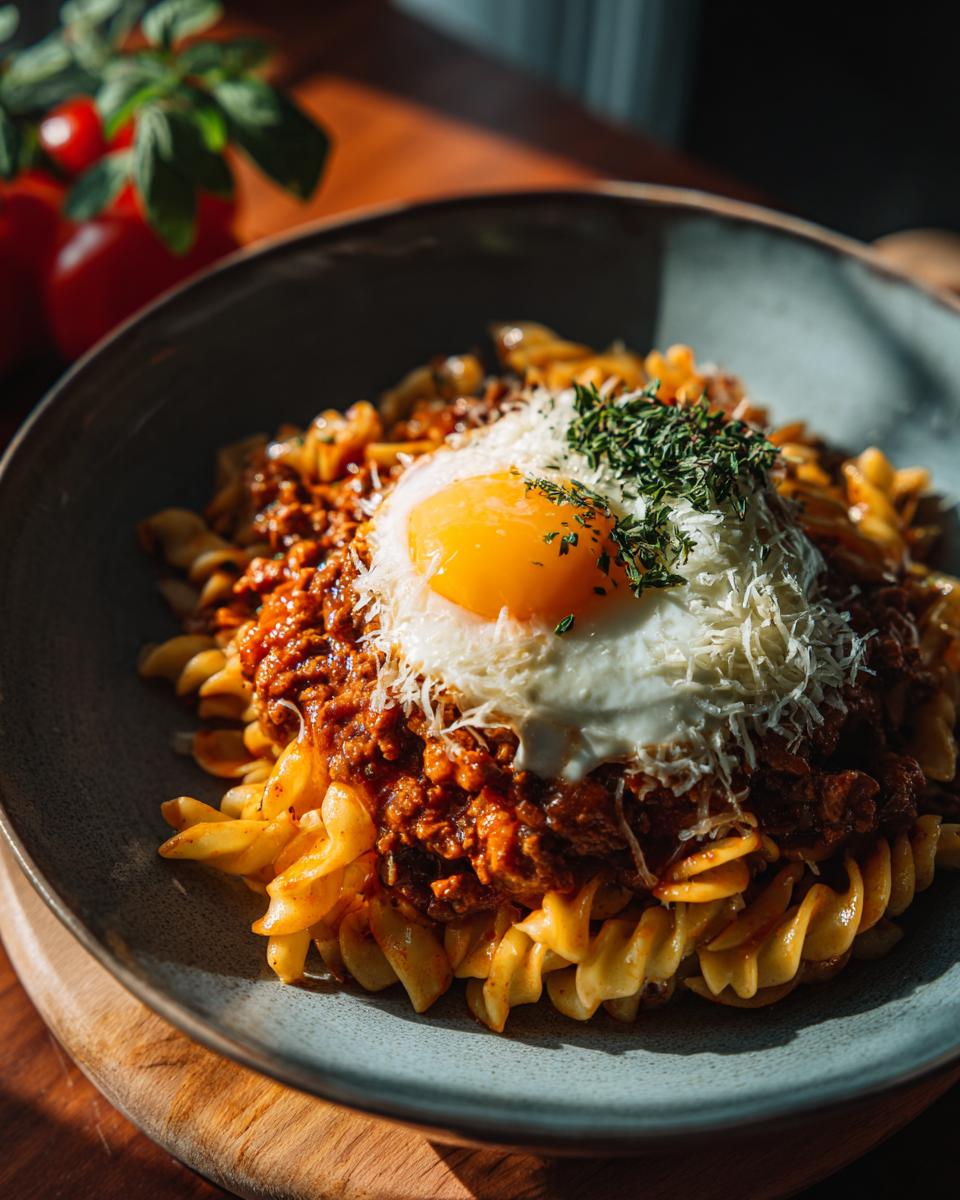 A bowl of High Protein Creamy Beef Pasta topped with a fried egg, grated cheese, and herbs.