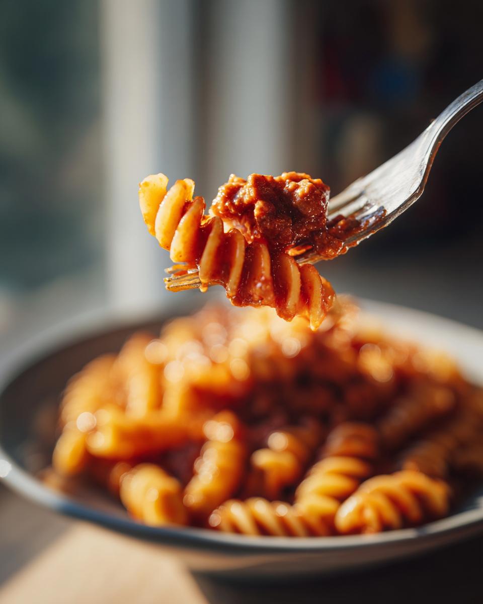 A fork lifts a swirl of fusilli pasta coated in creamy beef sauce, showcasing the High Protein Creamy Beef Pasta.