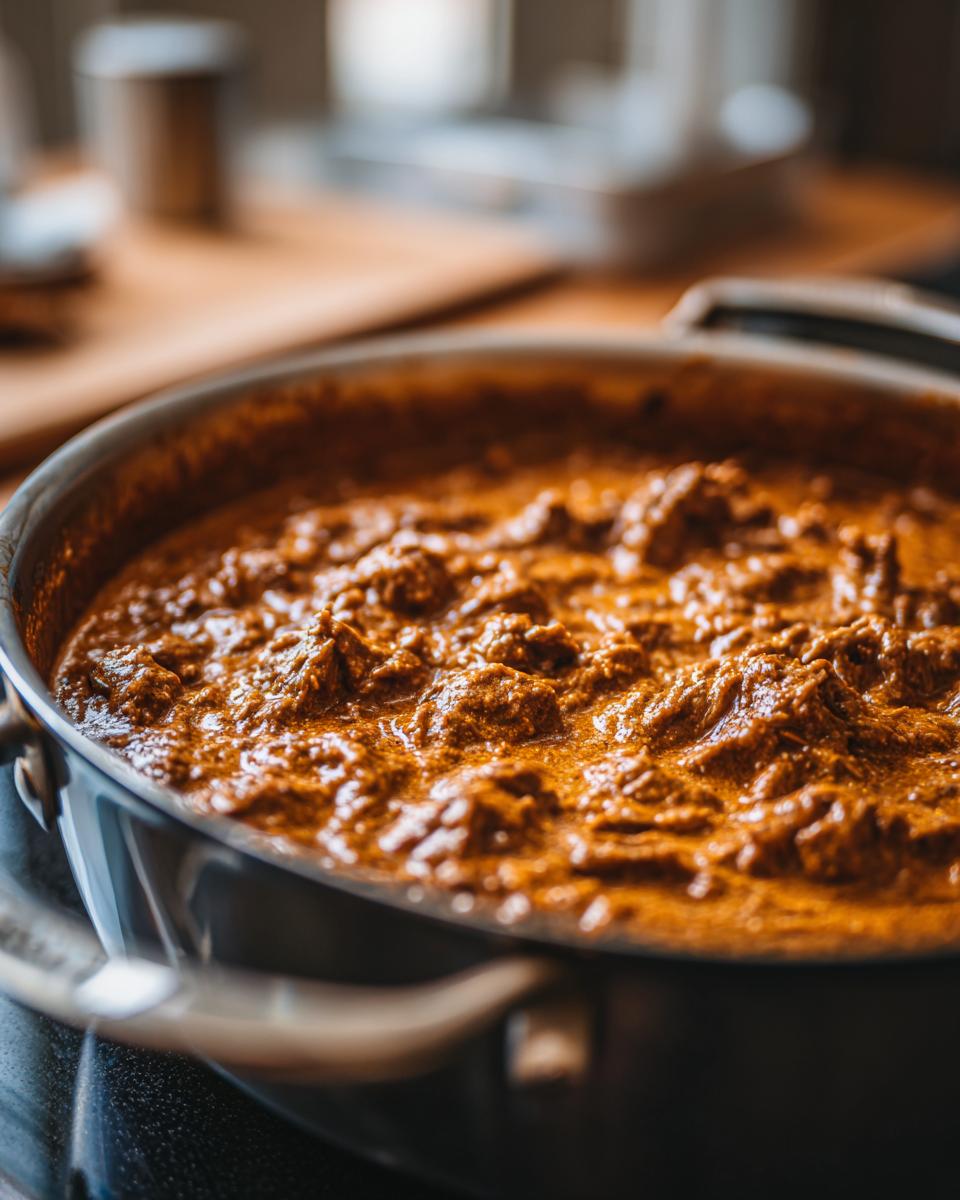 Close-up of a rich, creamy beef pasta sauce simmering in a pan, featuring tender pieces of beef.