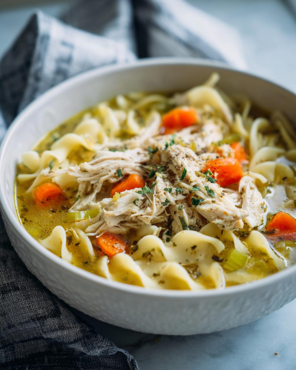 A comforting bowl of Homemade Chicken Noodle Soup Holiday, featuring shredded chicken, wide egg noodles, carrots, and celery in a savory broth.