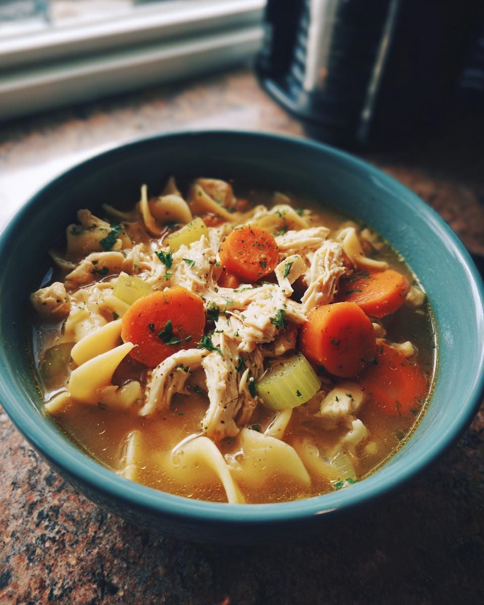A comforting bowl of Homemade Chicken Noodle Soup Holiday, filled with noodles, shredded chicken, carrots, and celery.