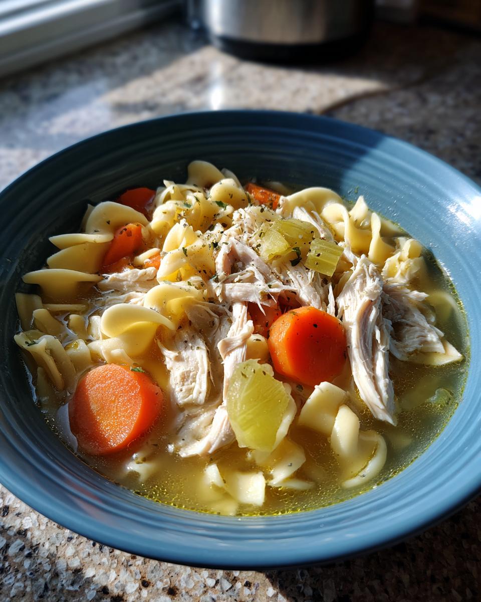 A close-up of a blue bowl filled with Homemade Chicken Noodle Soup Holiday, featuring egg noodles, shredded chicken, carrots, and celery.