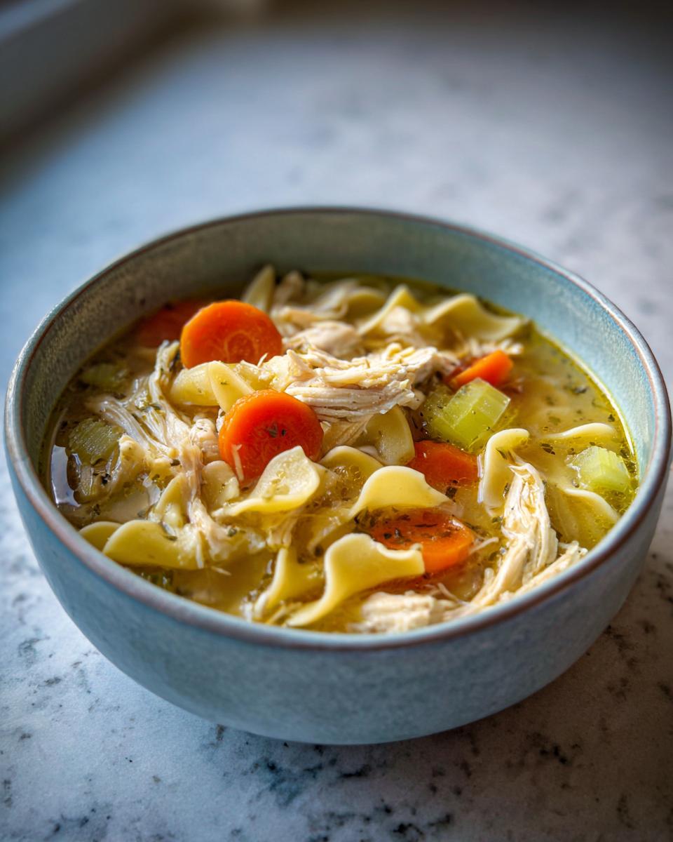 A comforting bowl of Homemade Chicken Noodle Soup Holiday, featuring shredded chicken, wide noodles, carrots, and celery.