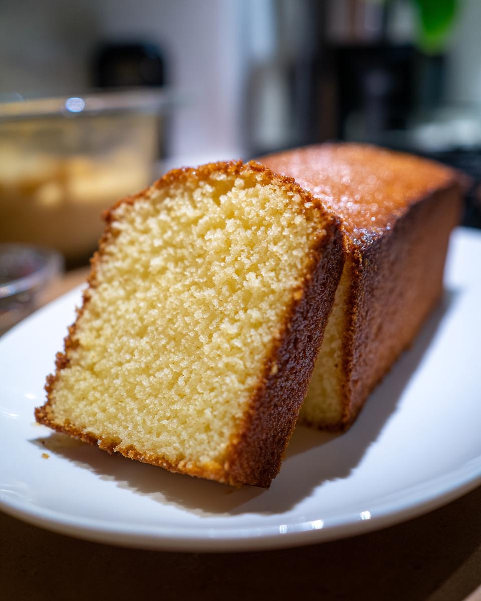 A close-up of a slice of homestyle yellow cake on a white plate, showing its tender crumb and golden crust.