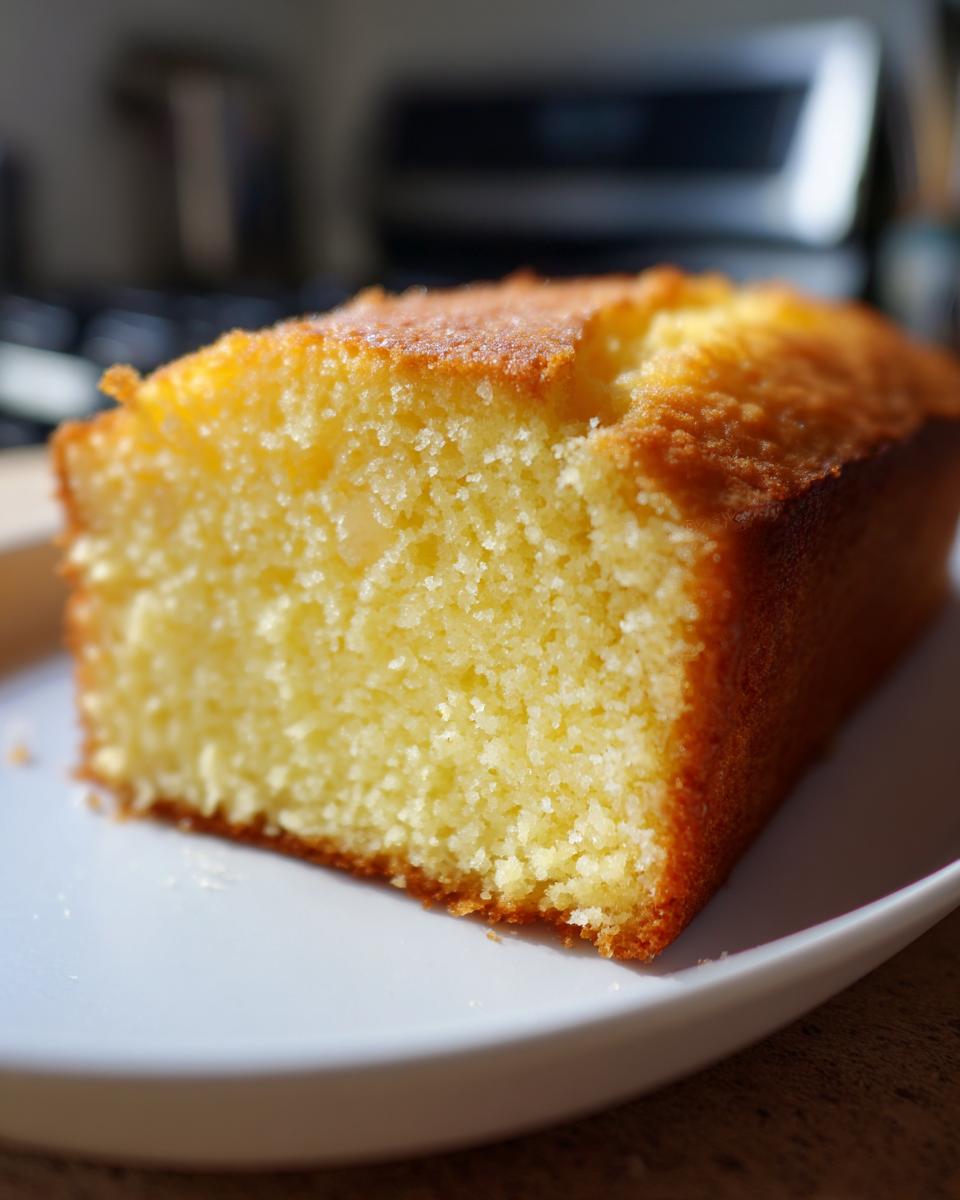 Close-up of a moist slice of homestyle yellow cake with a golden crust on a white plate.