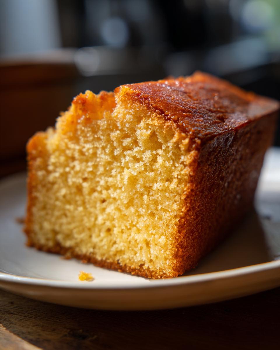 A close-up of a slice of homestyle yellow cake on a white plate, showing its moist crumb and golden crust.
