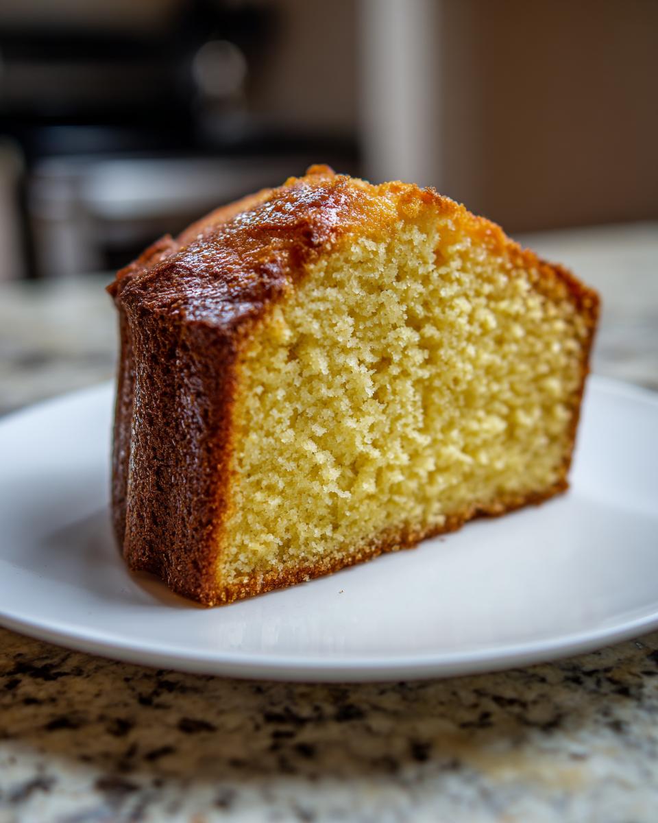 A close-up of a moist slice of Homestyle Yellow Cake on a white plate, showcasing its golden crust and tender crumb.