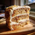 A delicious slice of Hummingbird Cake with three layers of moist cake and creamy frosting, topped with crumbs.