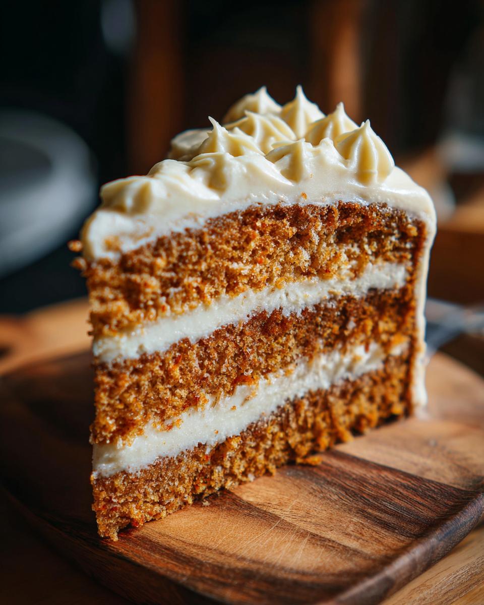 A moist slice of Hummingbird Cake with cream cheese frosting, showing three layers of cake and two layers of frosting.
