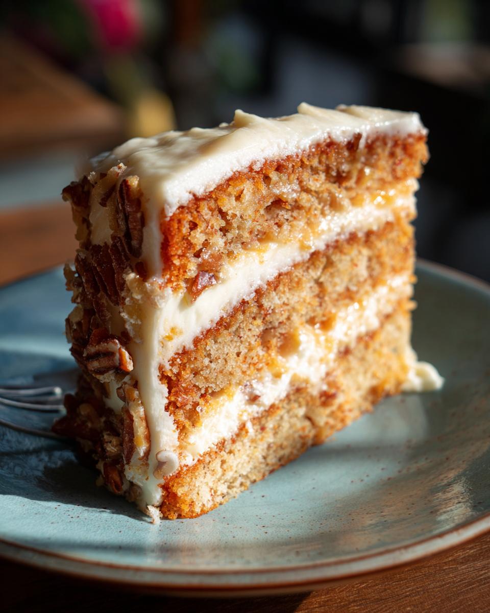 A moist slice of Hummingbird Cake with cream cheese frosting and chopped pecans on a blue plate.