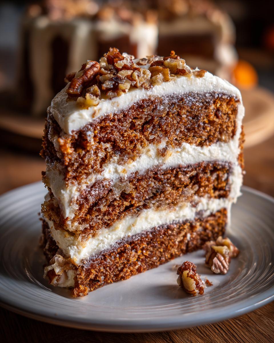 A moist slice of Hummingbird Cake with creamy frosting and chopped pecans on top.