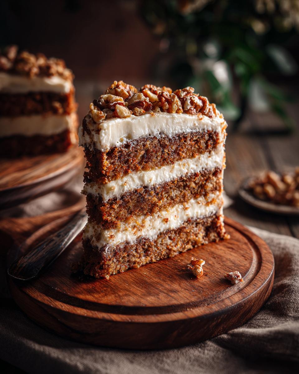 A close-up of a decadent slice of Hummingbird Cake, featuring multiple layers of moist cake and creamy frosting, topped with chopped walnuts.