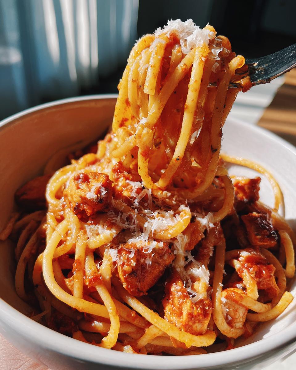 A fork twirls a serving of Italian Chicken Pasta with a rich tomato sauce and grated Parmesan cheese.