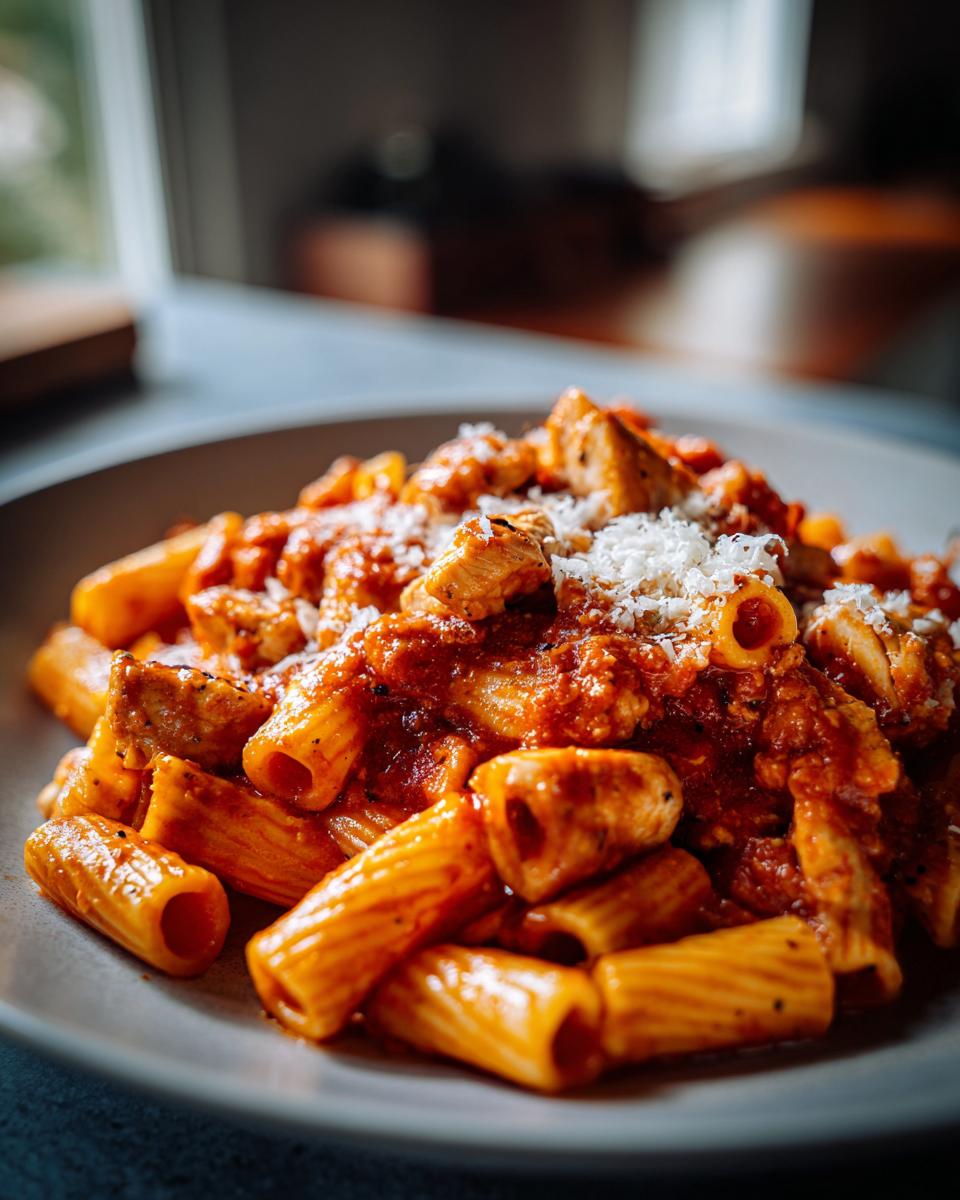 A close-up of a plate of Italian Chicken Pasta, featuring rigatoni pasta coated in a rich tomato sauce with tender chicken pieces and grated Parmesan cheese.