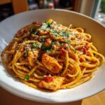 A close-up of a white bowl filled with Italian chicken pasta, featuring spaghetti, tender chicken pieces, and a rich tomato sauce, topped with parsley and Parmesan.