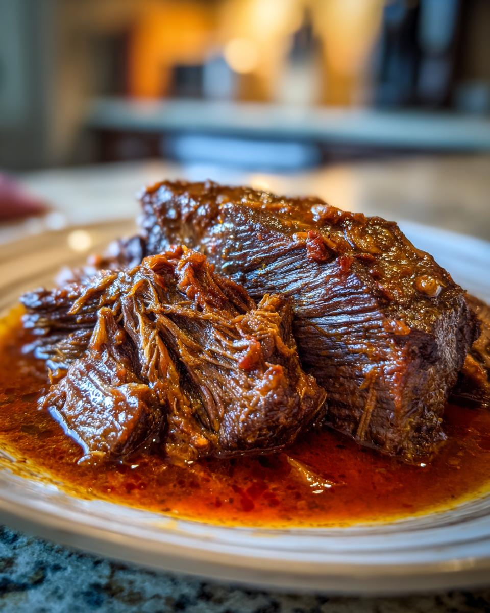 Close-up of tender Italian Pot Roast Stracotto in a rich, dark sauce.