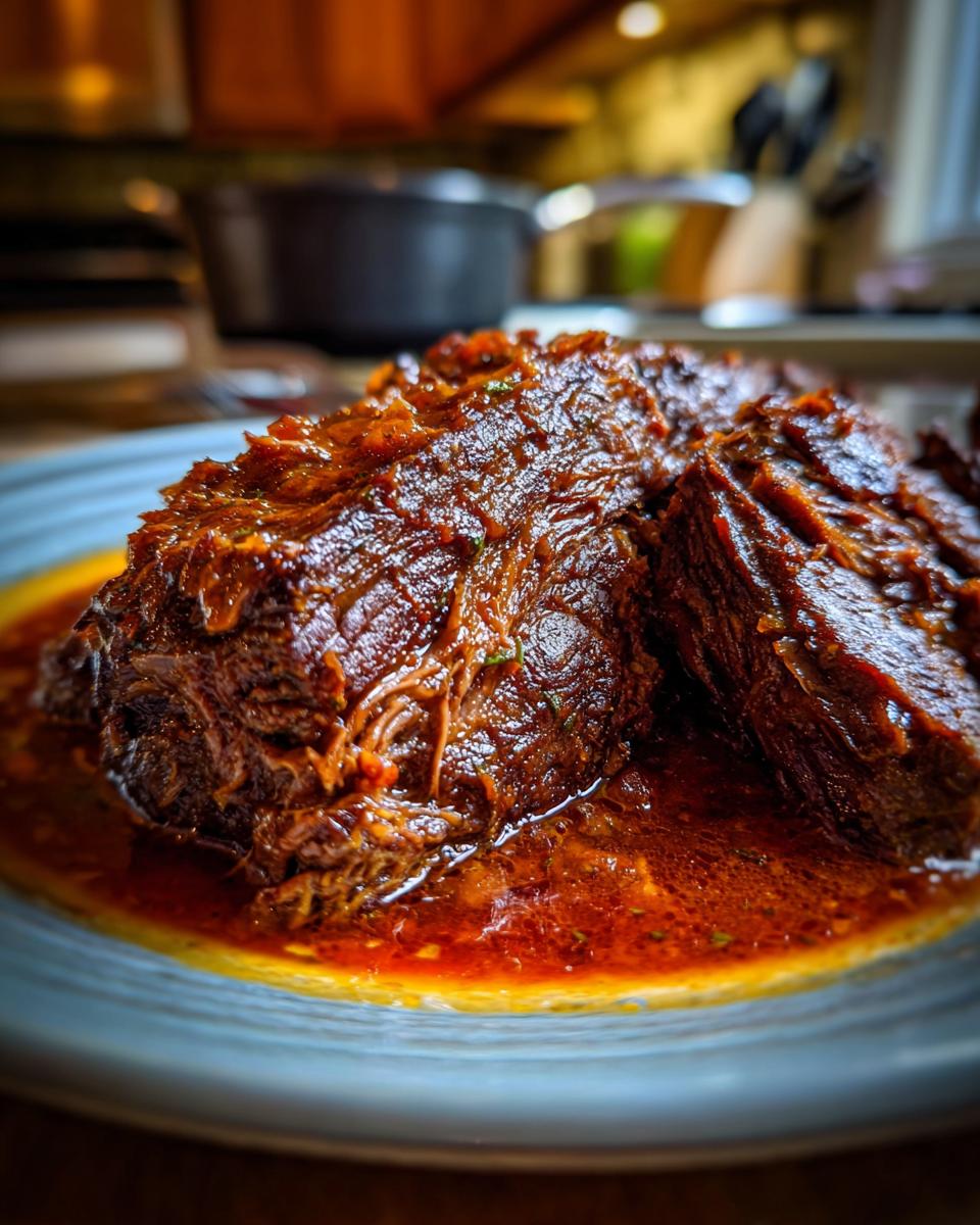 Close-up of a succulent Italian Pot Roast Stracotto, slow-cooked to perfection in a rich, red sauce.