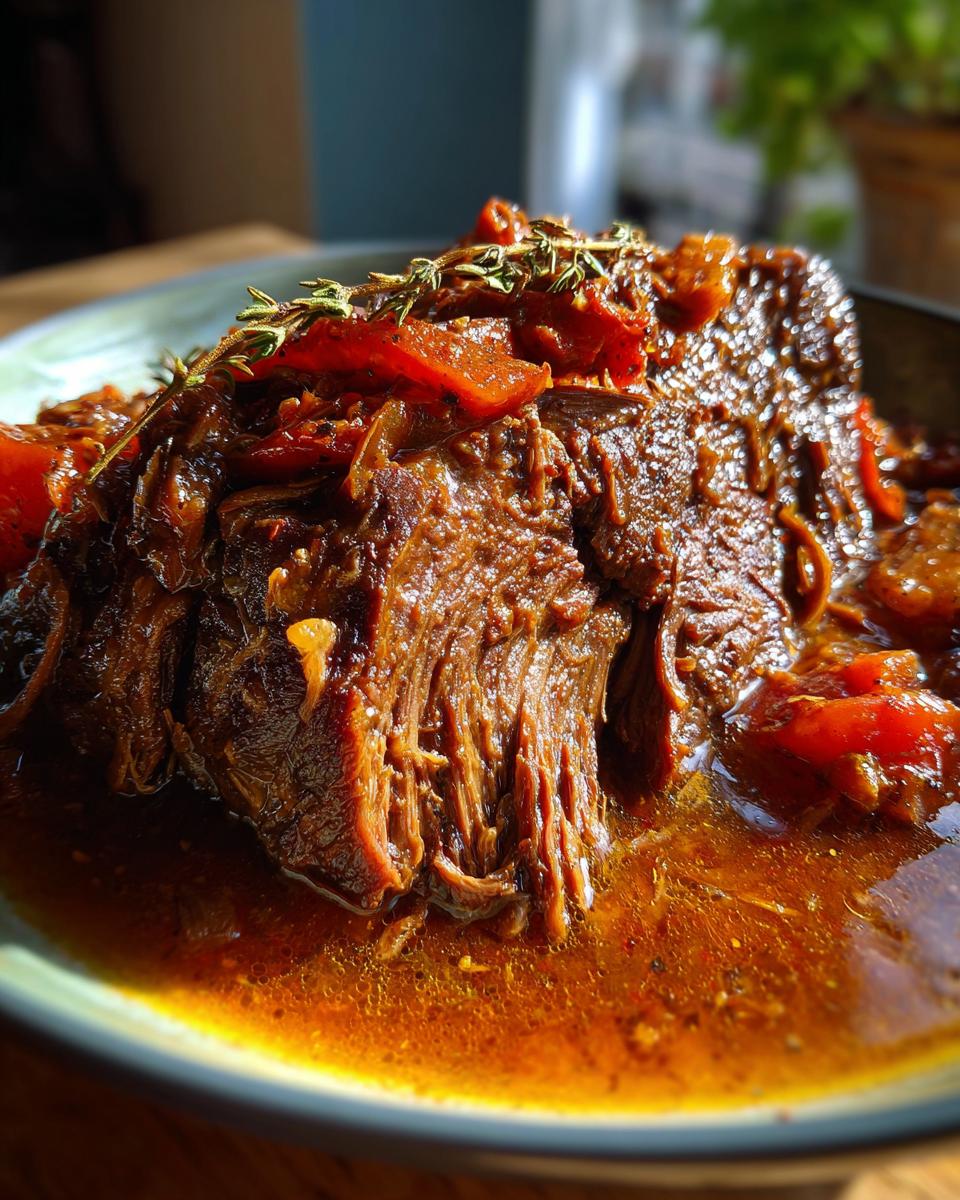 Close-up of a fork-tender Italian Pot Roast Stracotto, braised in a rich sauce and topped with fresh herbs.