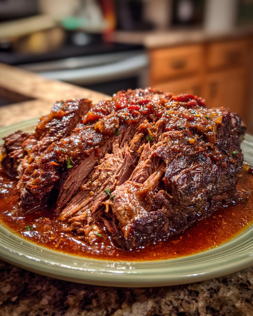 A close-up of a fork-tender Italian Pot Roast Stracotto, sliced and covered in rich sauce.