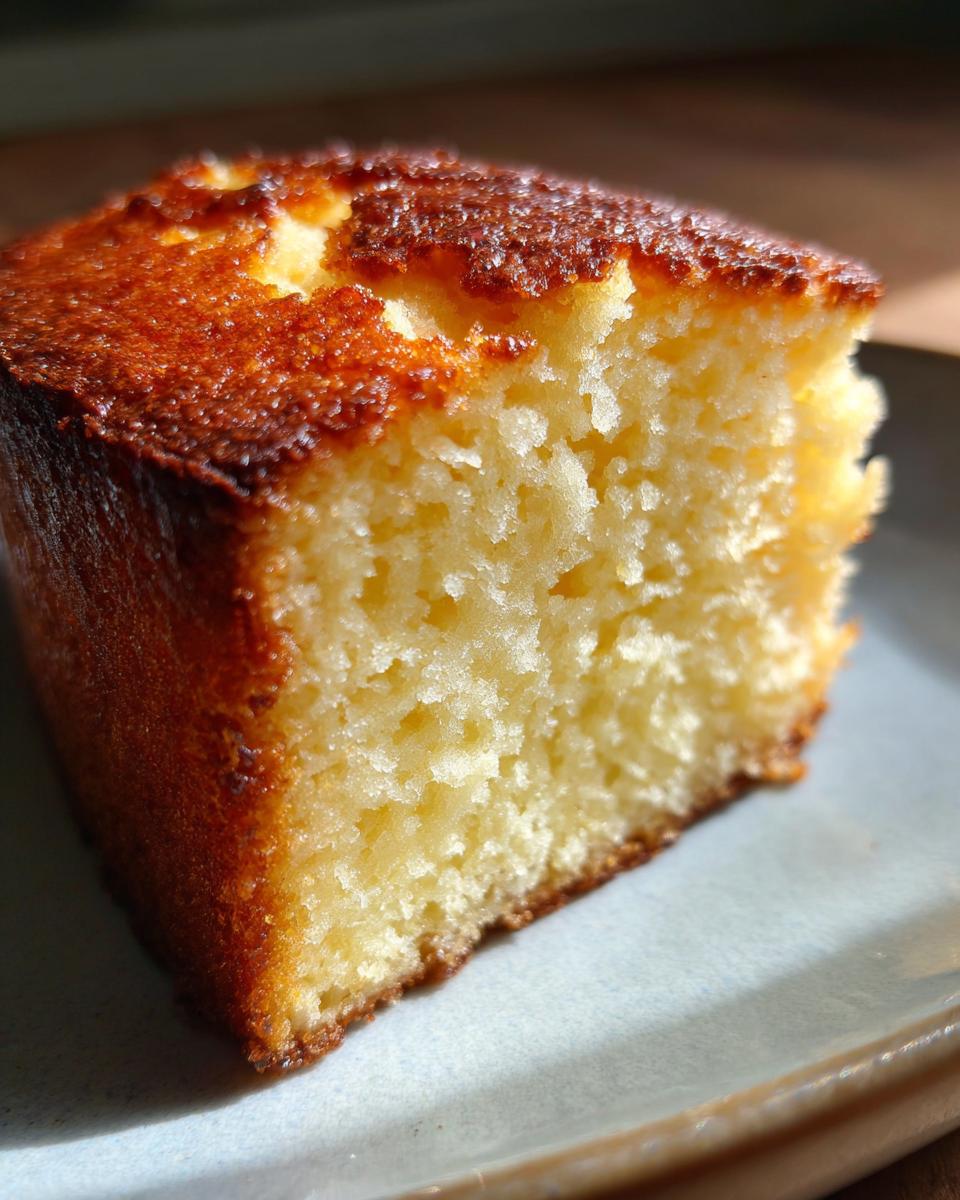 A close-up of a slice of moist Italian Ricotta Cake with a golden-brown crust, showcasing its fluffy texture.
