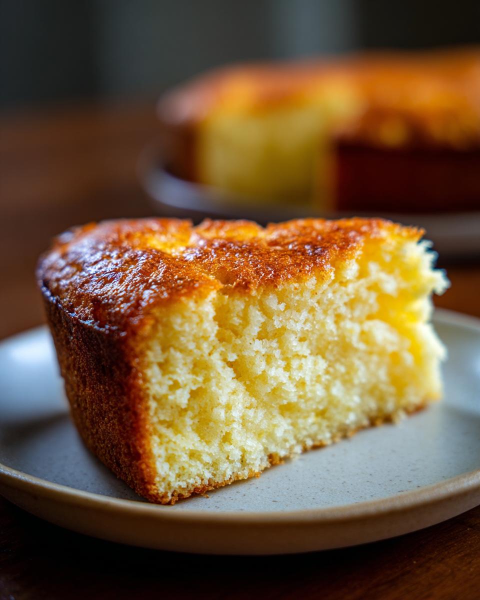 A close-up of a moist slice of Italian Ricotta Cake on a plate, with a golden-brown crust.