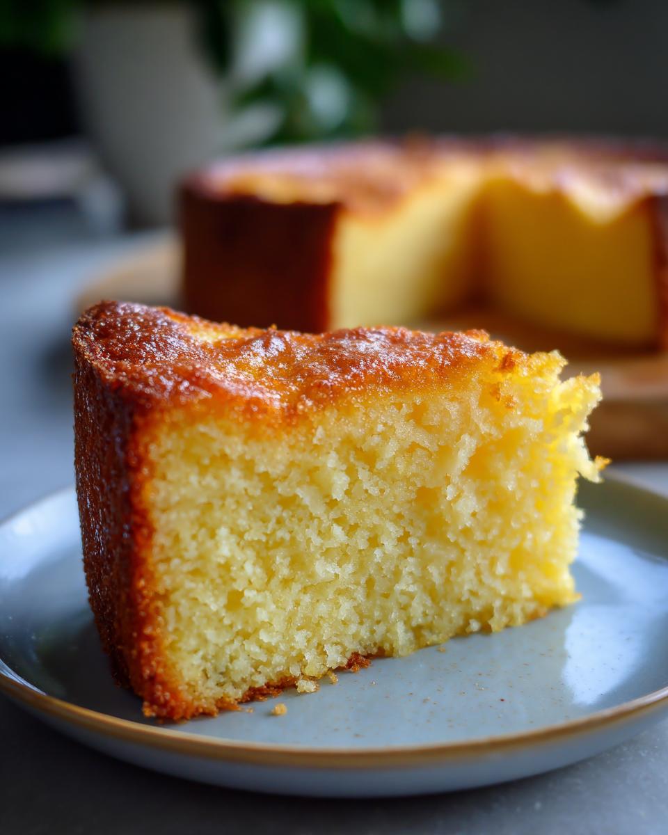 A close-up of a slice of moist Italian Ricotta Cake on a blue plate, with the rest of the cake blurred in the background.
