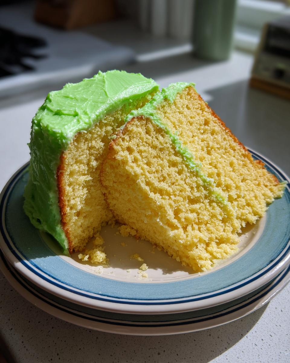 Two slices of moist yellow Key Lime Cake with vibrant green frosting, served on a blue and white striped plate.