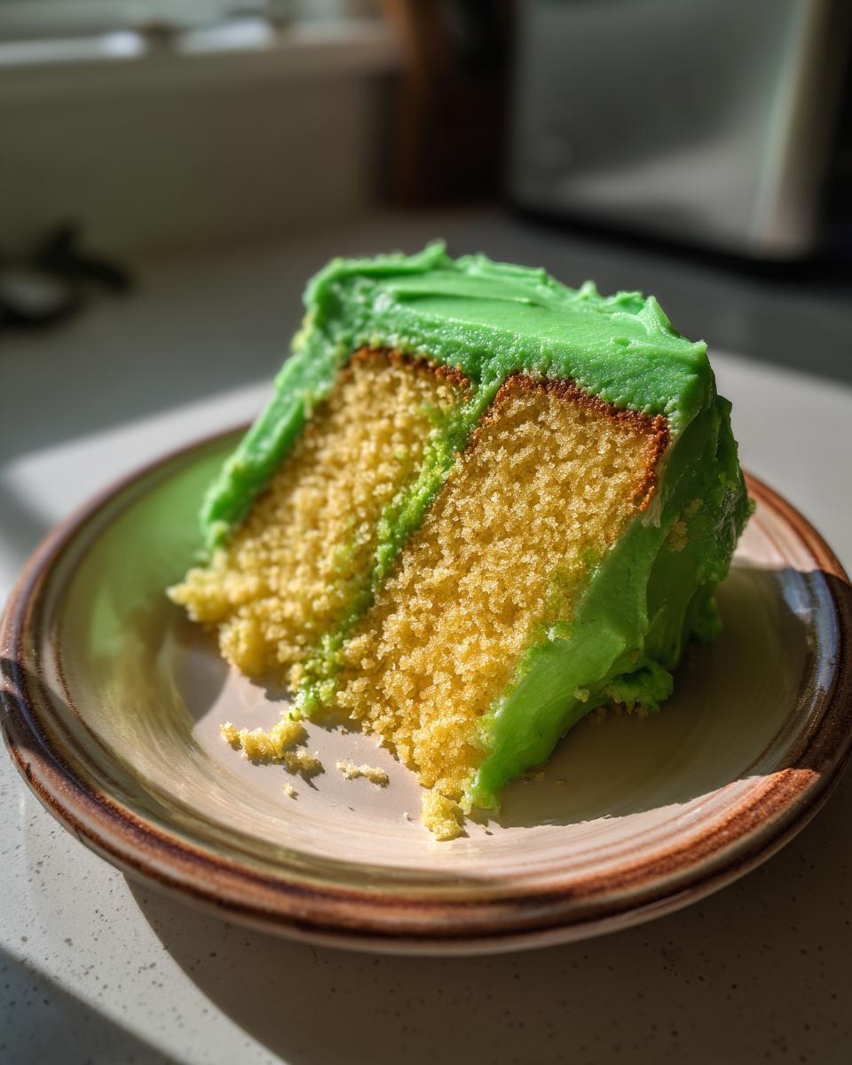 A slice of moist Key Lime Cake with vibrant green frosting, showing the yellow cake layers.