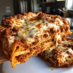A generous slice of Lasagna With Ricotta And Meat Sauce, showing layers of pasta, rich meat sauce, and melted cheese.