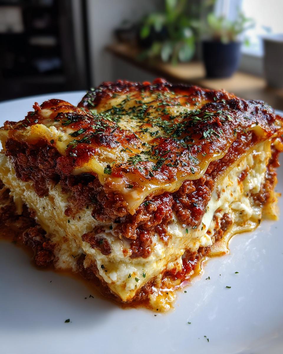 A generous slice of Lasagna With Ricotta And Meat Sauce, showing layers of pasta, rich meat sauce, and creamy ricotta cheese, topped with melted cheese and herbs.