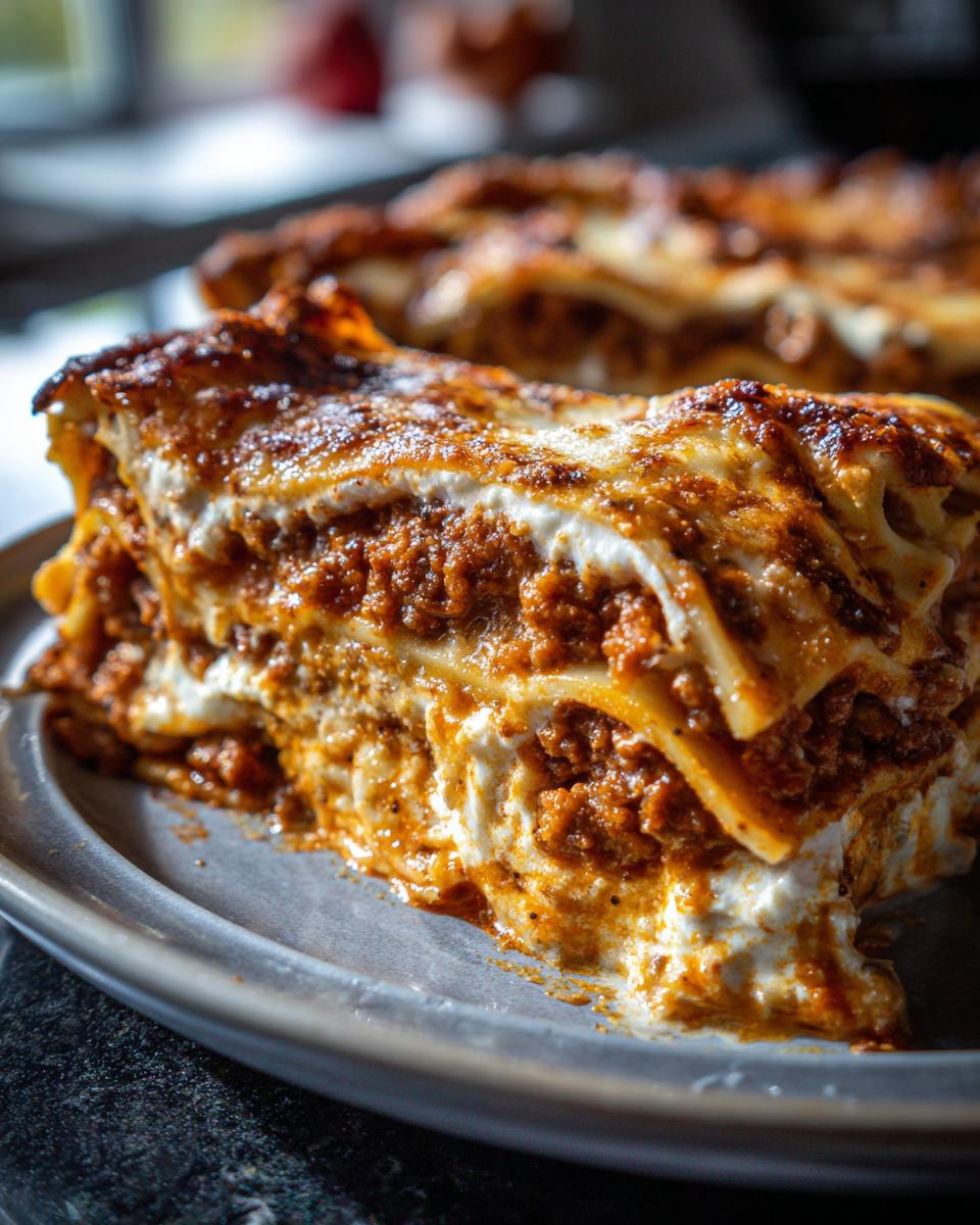 A generous slice of Lasagna With Ricotta And Meat Sauce, showing layers of pasta, creamy ricotta, and rich meat sauce.