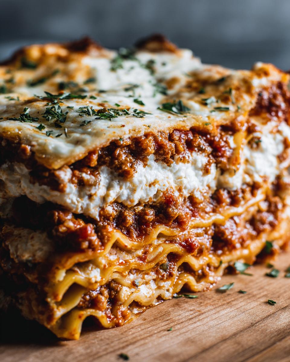 A close-up of a slice of Lasagna With Ricotta And Meat Sauce, showing layers of pasta, rich meat sauce, and creamy ricotta cheese, topped with herbs.