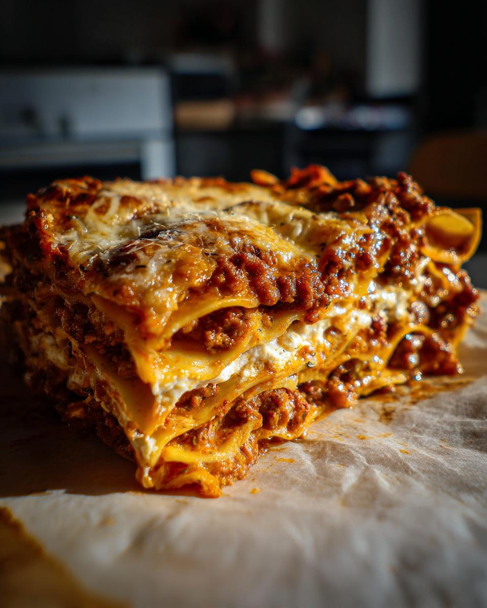 A close-up, angled view of a hearty slice of Lasagna With Ricotta And Meat Sauce, showcasing layers of pasta, rich meat sauce, and creamy ricotta cheese.
