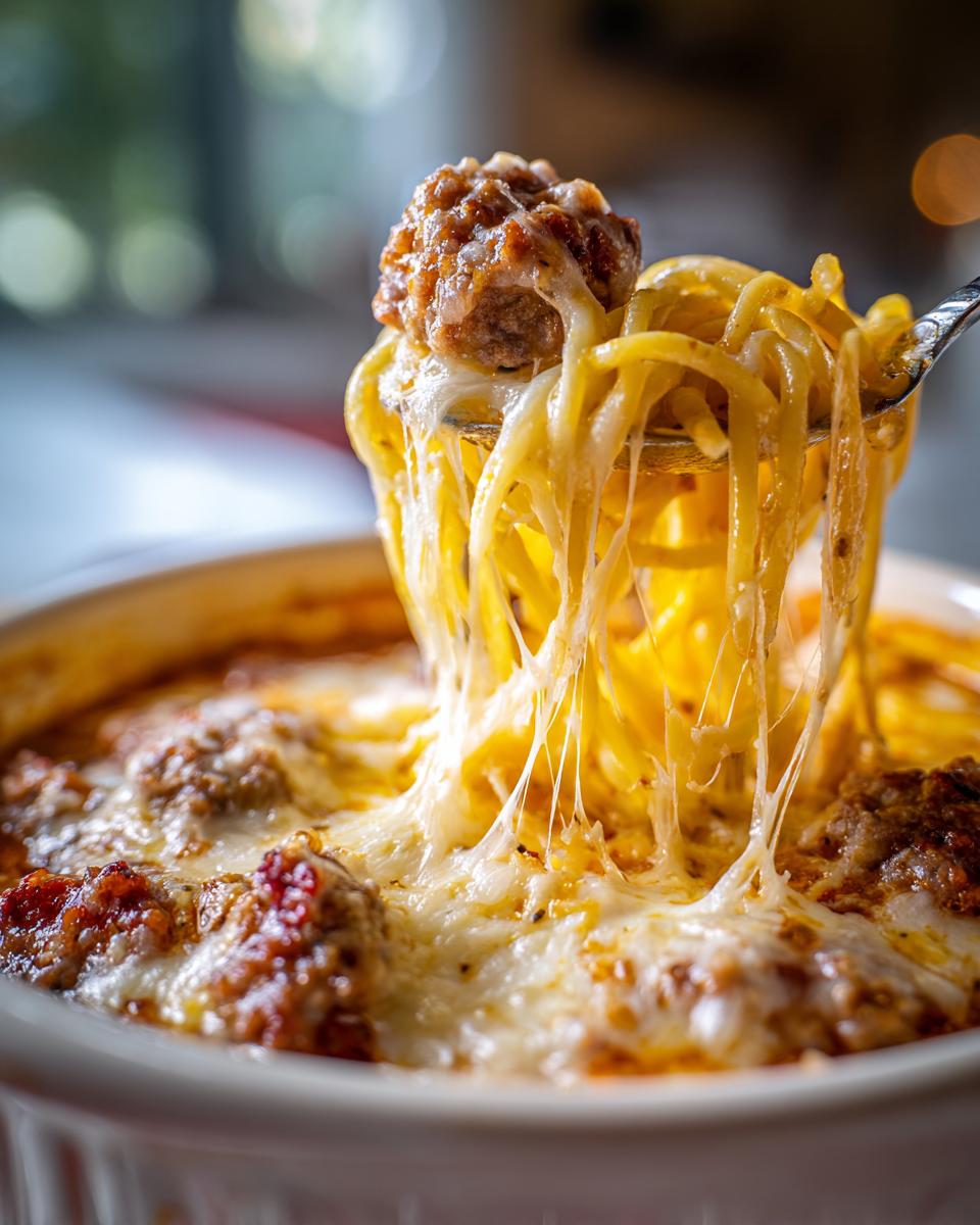 A forkful of cheesy Lasagna Soup with a meatball, showing melted mozzarella strings.