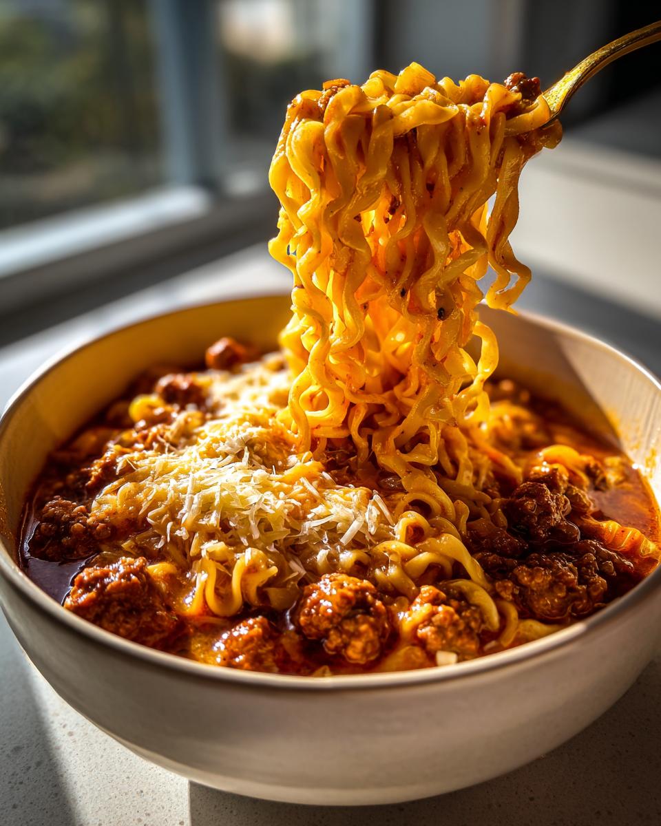 A fork lifts a swirl of noodles from a bowl of hearty Lasagna Soup with meatballs and grated cheese.