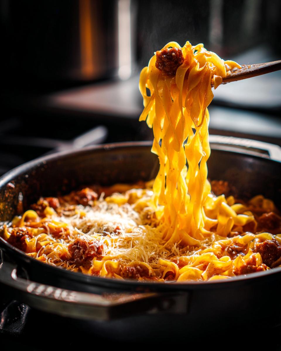 A wooden spoon lifts steaming wide noodles from a pot of Lasagna Soup with meatballs and grated cheese.