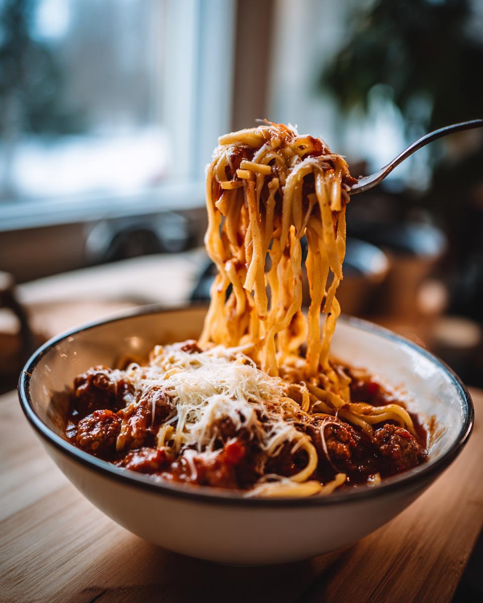 A fork twirls spaghetti from a bowl of Lasagna Soup with meatballs and grated cheese.