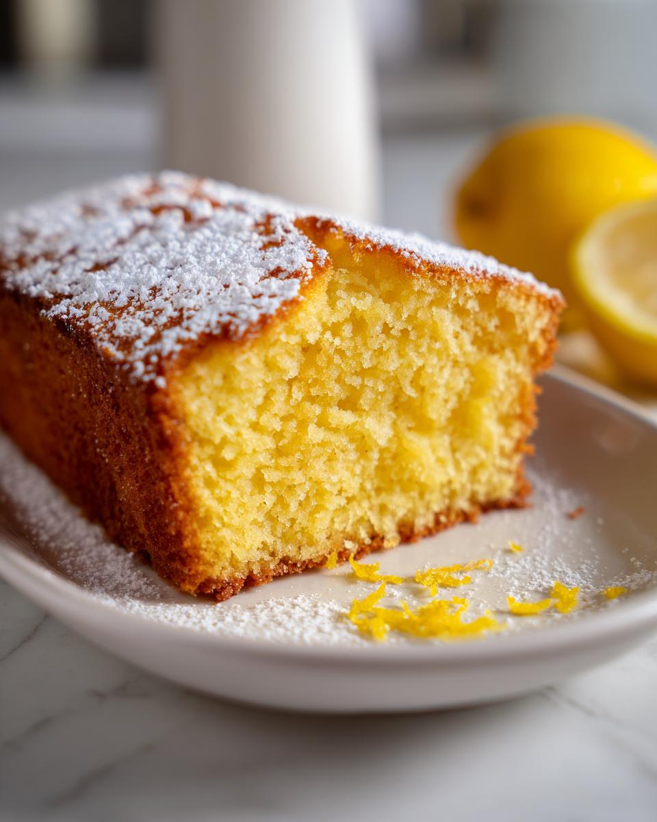 A close-up of a slice of moist and fluffy Lemon Cake, dusted with powdered sugar and garnished with lemon zest.