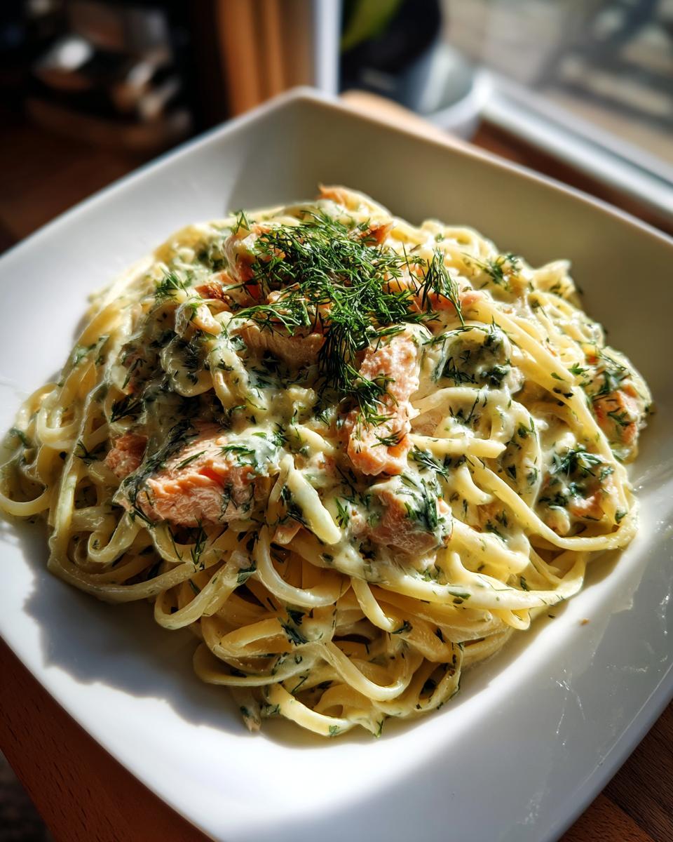 A close-up of creamy Lemon Dill Salmon Pasta, garnished with fresh dill.