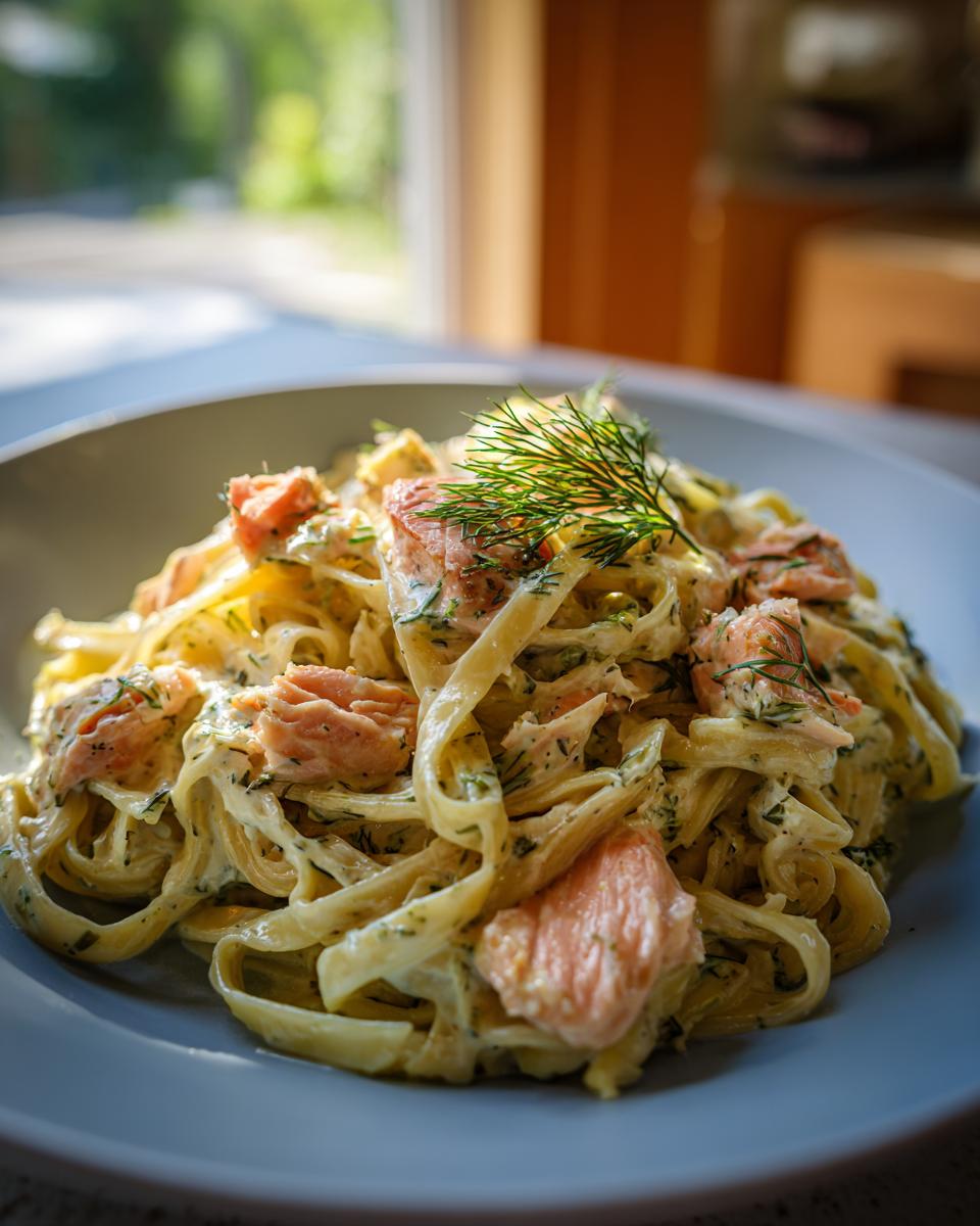 A close-up of creamy Lemon Dill Salmon Pasta, garnished with fresh dill sprigs and chunks of salmon.