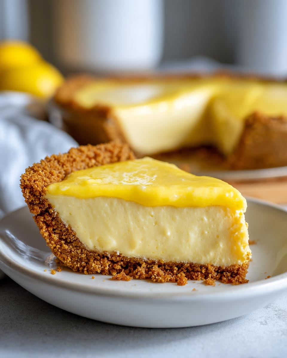 A close-up of a slice of Lemon Icebox Pie on a white plate, showing the creamy filling and graham cracker crust.