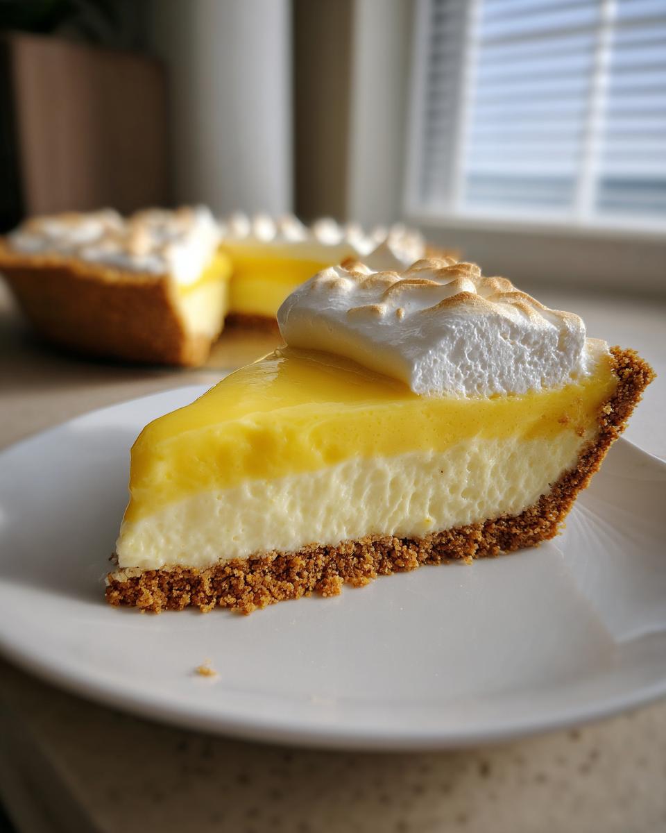 A slice of Lemon Icebox Pie with a graham cracker crust, creamy filling, and toasted meringue topping.