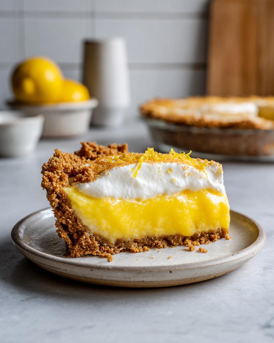 A close-up of a slice of Lemon Icebox Pie on a plate, featuring a graham cracker crust, creamy lemon filling, and whipped cream topping.