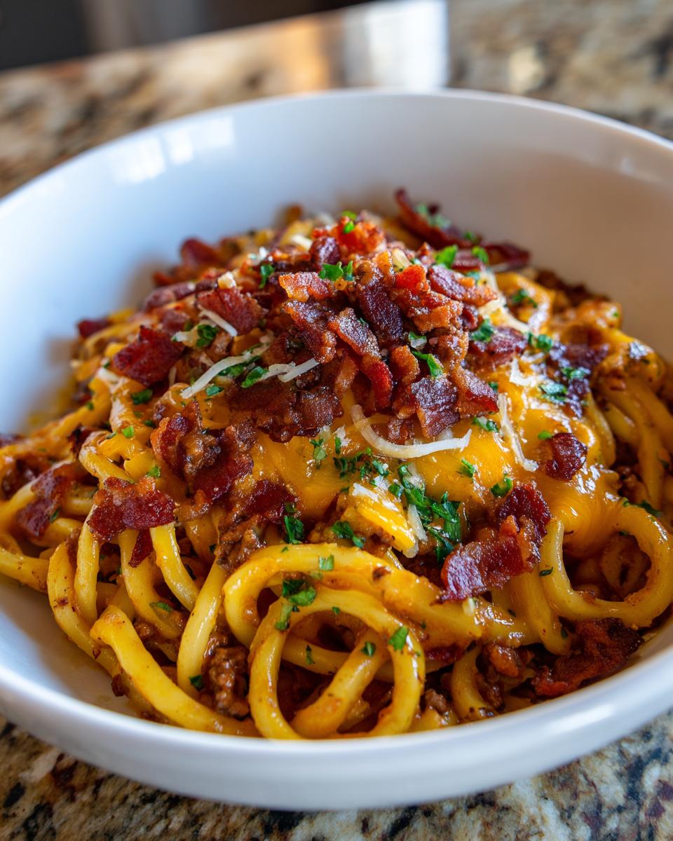 A close-up of Loaded Bacon Cheeseburger Pasta, featuring thick pasta noodles, melted cheese, crumbled bacon, and parsley.